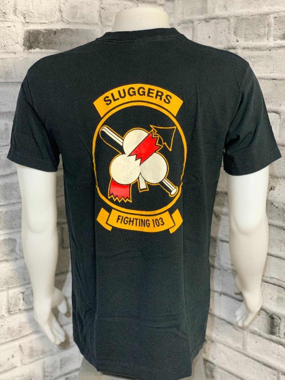 Vintage US Navy T-Shirt Fighting 103 Sluggers Squadron Mens L Black Vietnam War